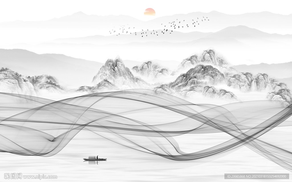 客厅新灰色山水画 tif分层