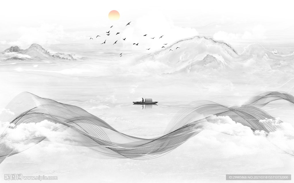 线条新灰色山水画 tif分层