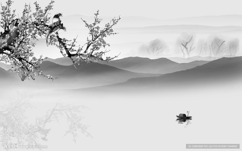 花鸟新灰色山水画 tif分层