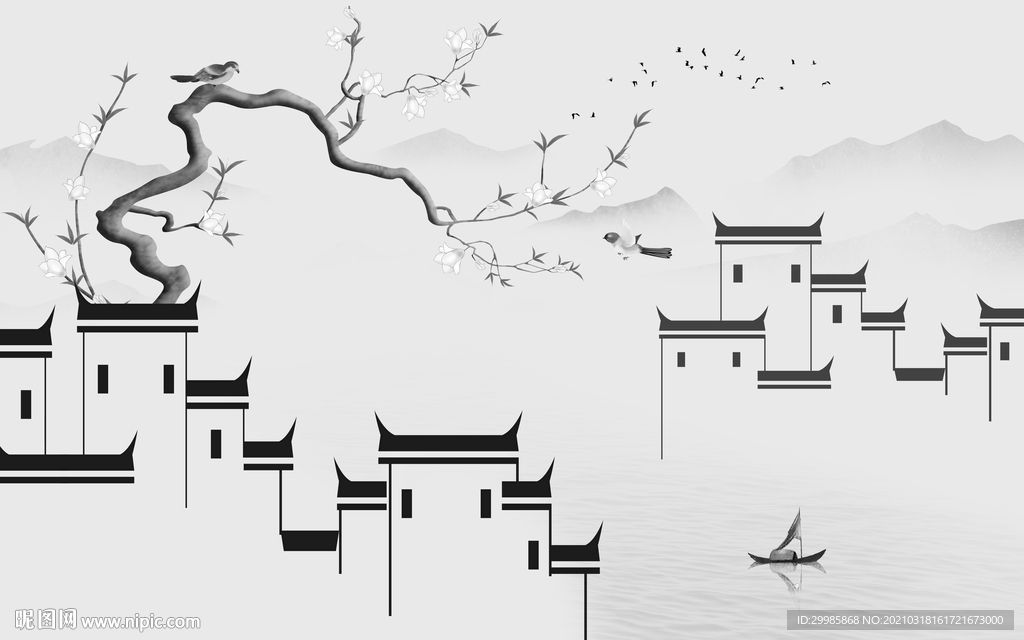 徽派新灰色山水画 tif分层