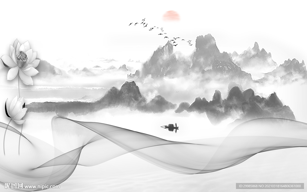 线条新山水灰色画 tif分层