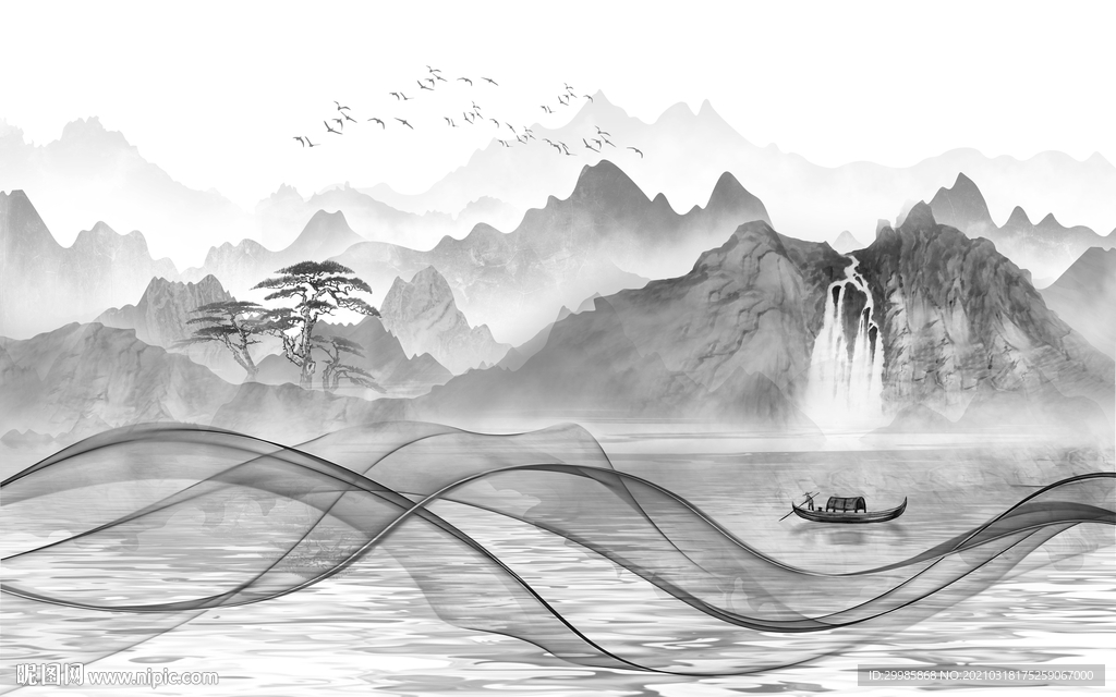 高清 新山水灰色画 tif分层