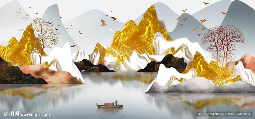 金色山水金箔画