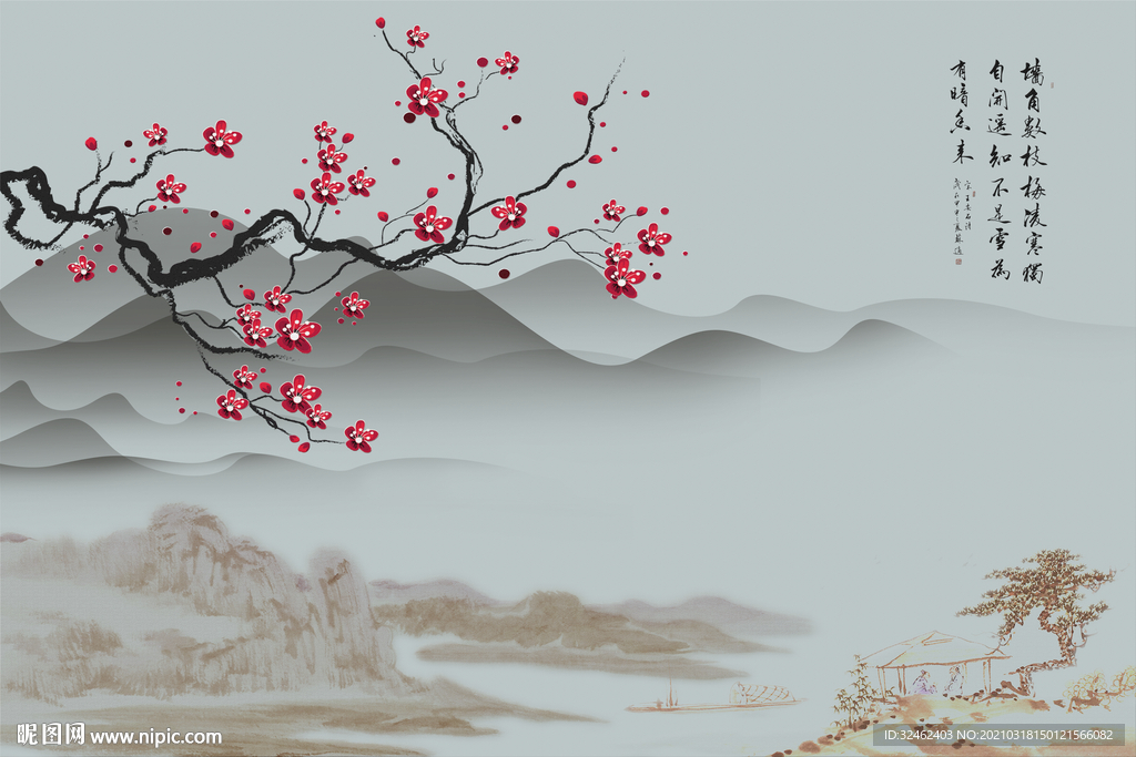 梅花山水画背景墙