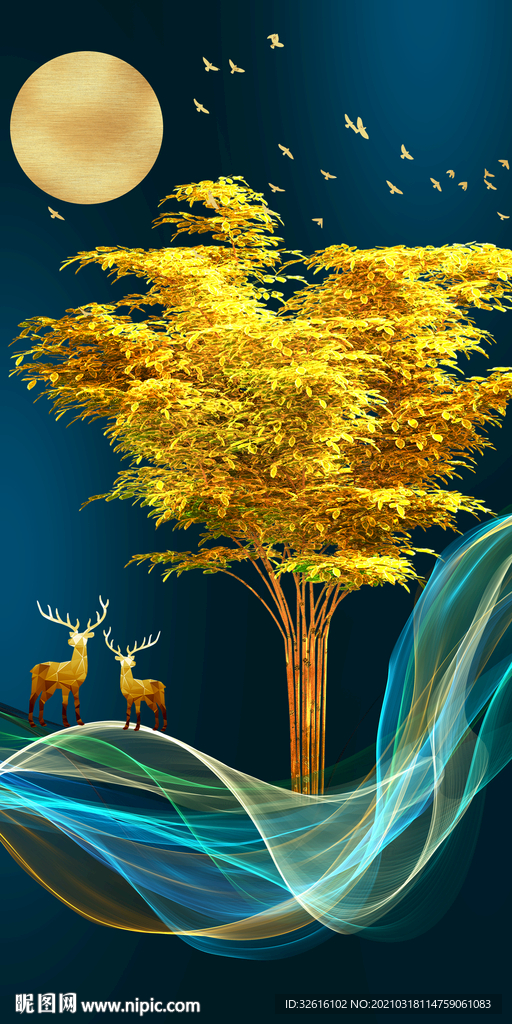 麋鹿发财树晶瓷画