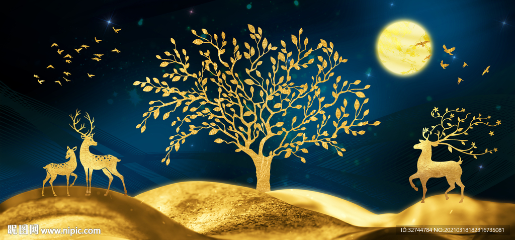 金色麋鹿三联画玄关