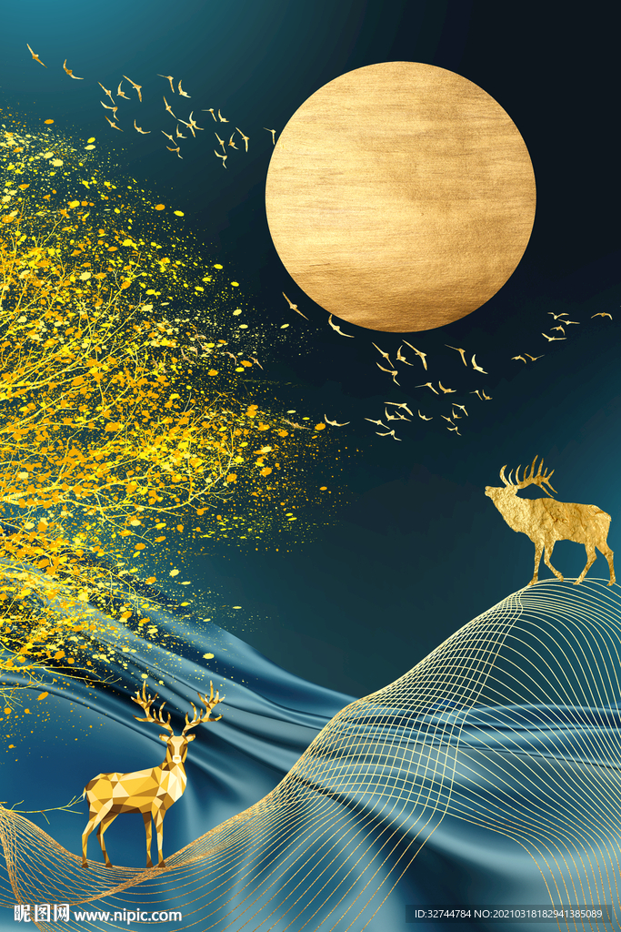 金色麋鹿晶瓷画玄关