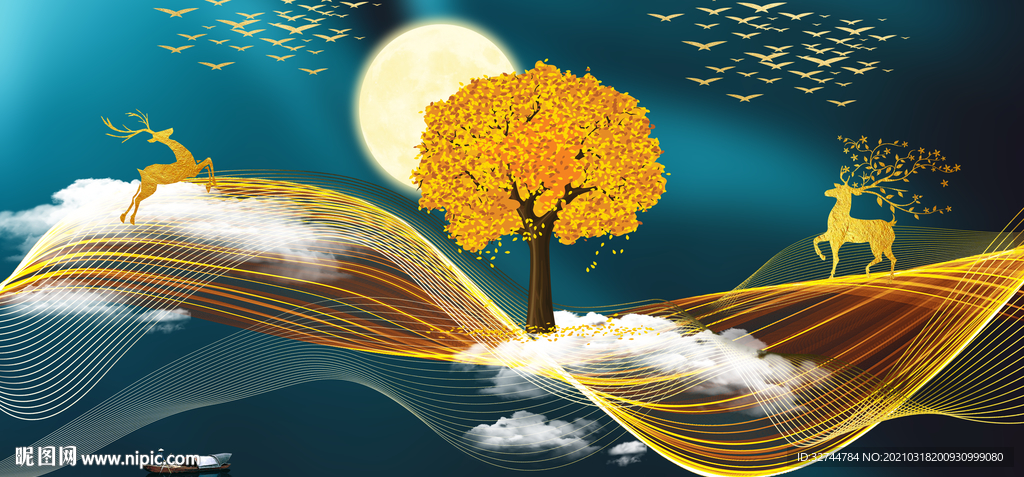 飘带麋鹿发财树三联画玄关