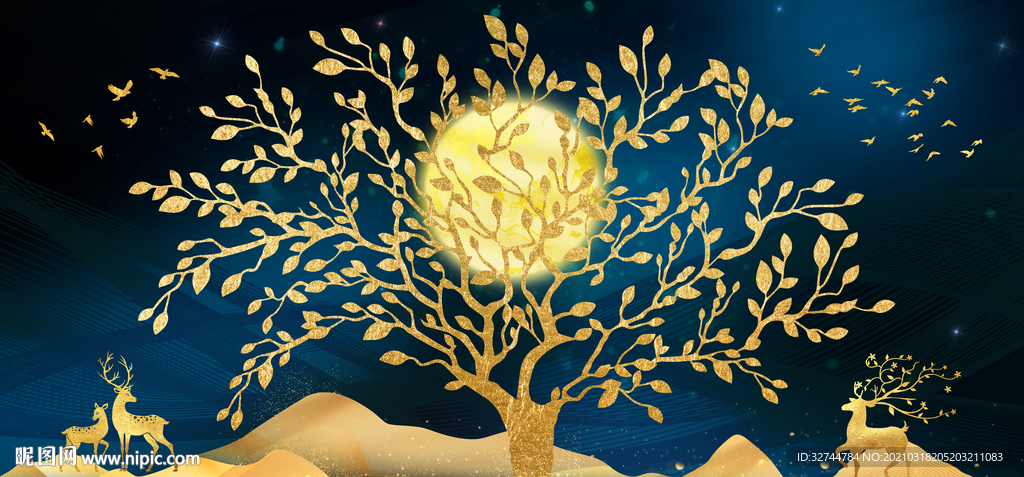 发财树装饰画三联画