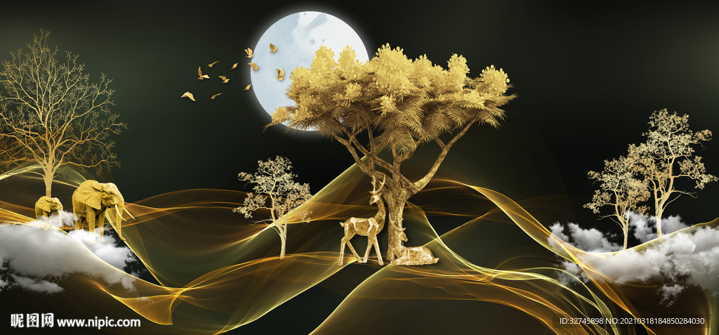 麋鹿三联画玄关