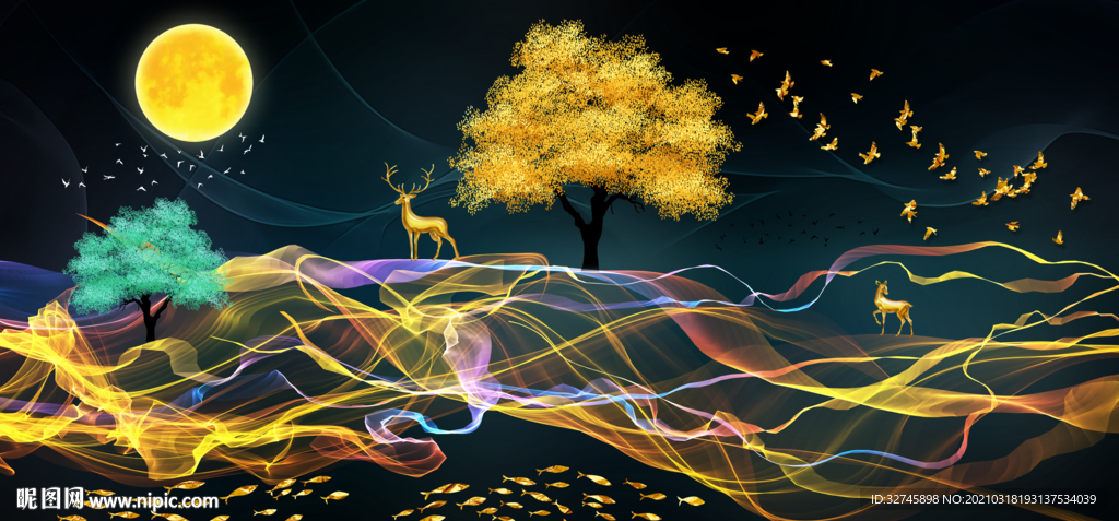 麋鹿彩带装饰画三联画玄关