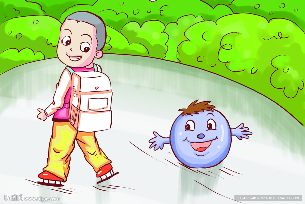 卡通小男孩小圆球滑冰漫画场景