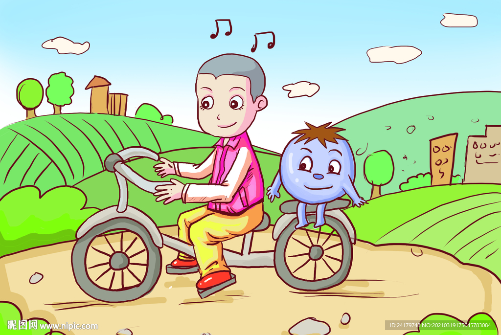 小男孩骑车带着卡通小人漫画