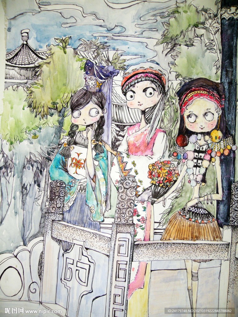 手绘彩色3女孩民族风格特色漫画