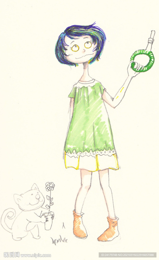手绘彩色可爱小女孩漫画