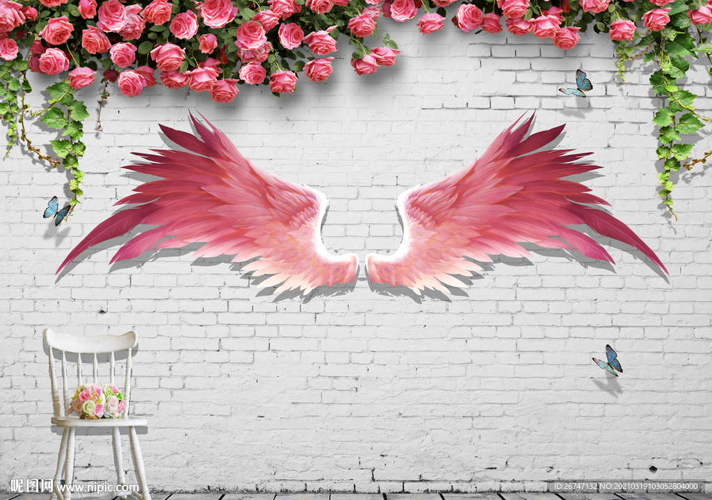 玫瑰花砖墙天使翅膀