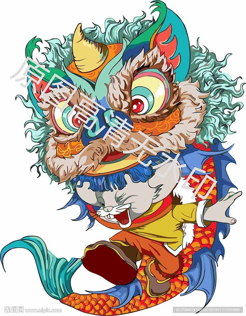 矢量卡通潮牌醒狮
