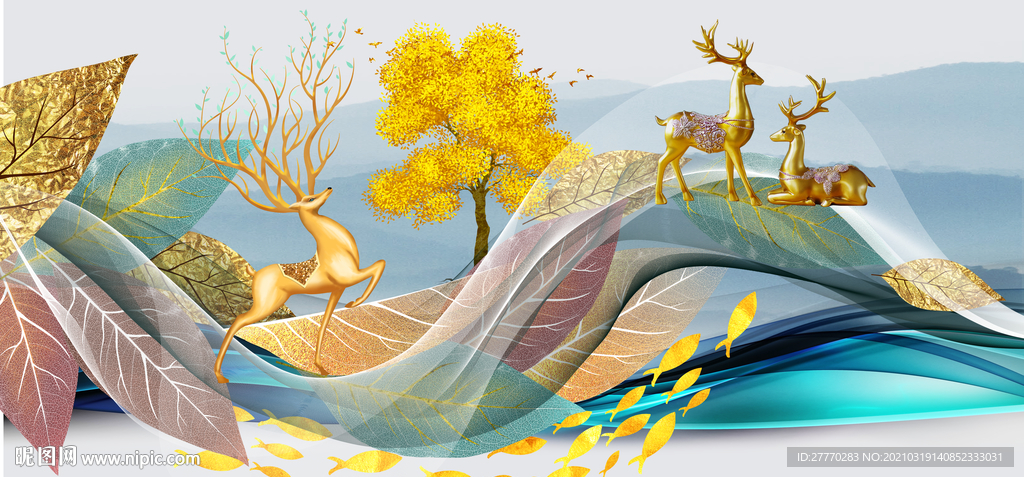 麋鹿山水线条画