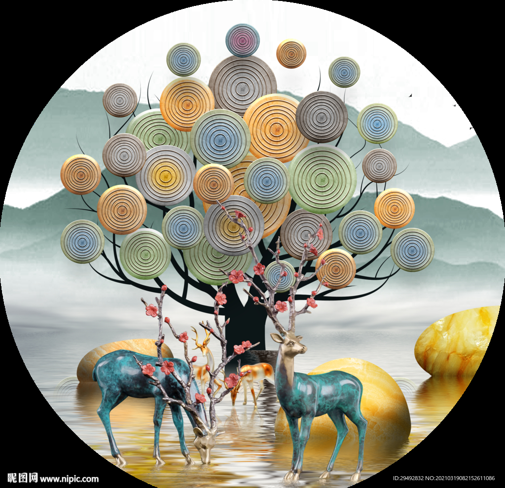 麋鹿发财树圆画