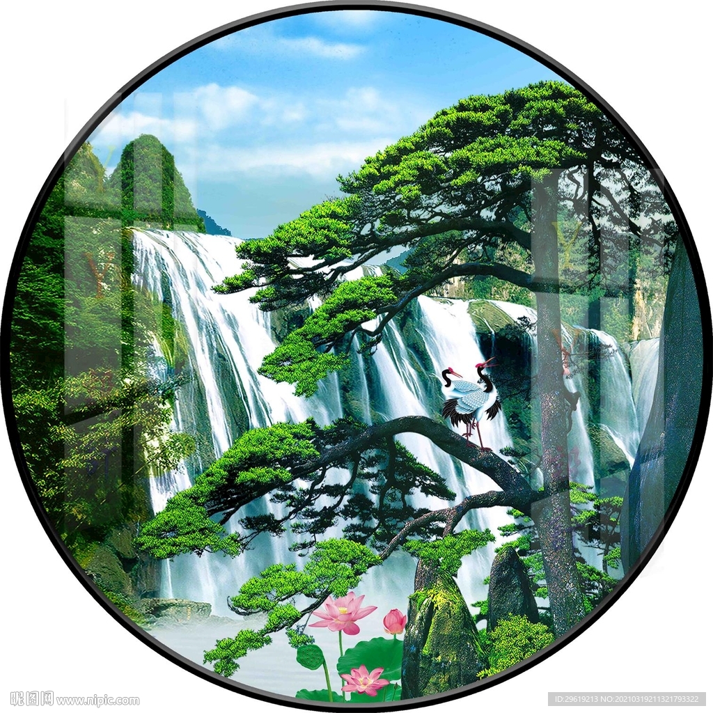 中式山水迎客松圆形装饰画图片