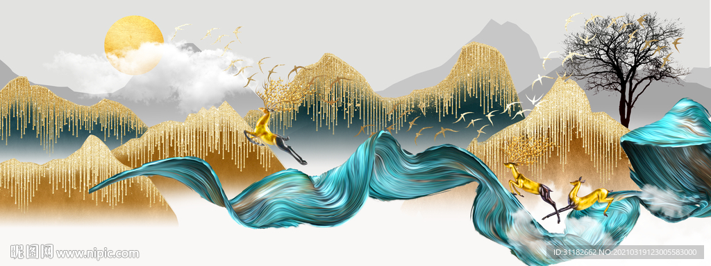 新中式抽象线条山水发财鹿晶瓷画