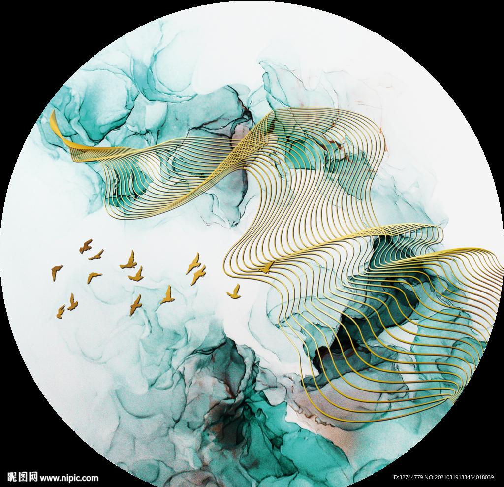 绿色背景金色鸟群装饰画