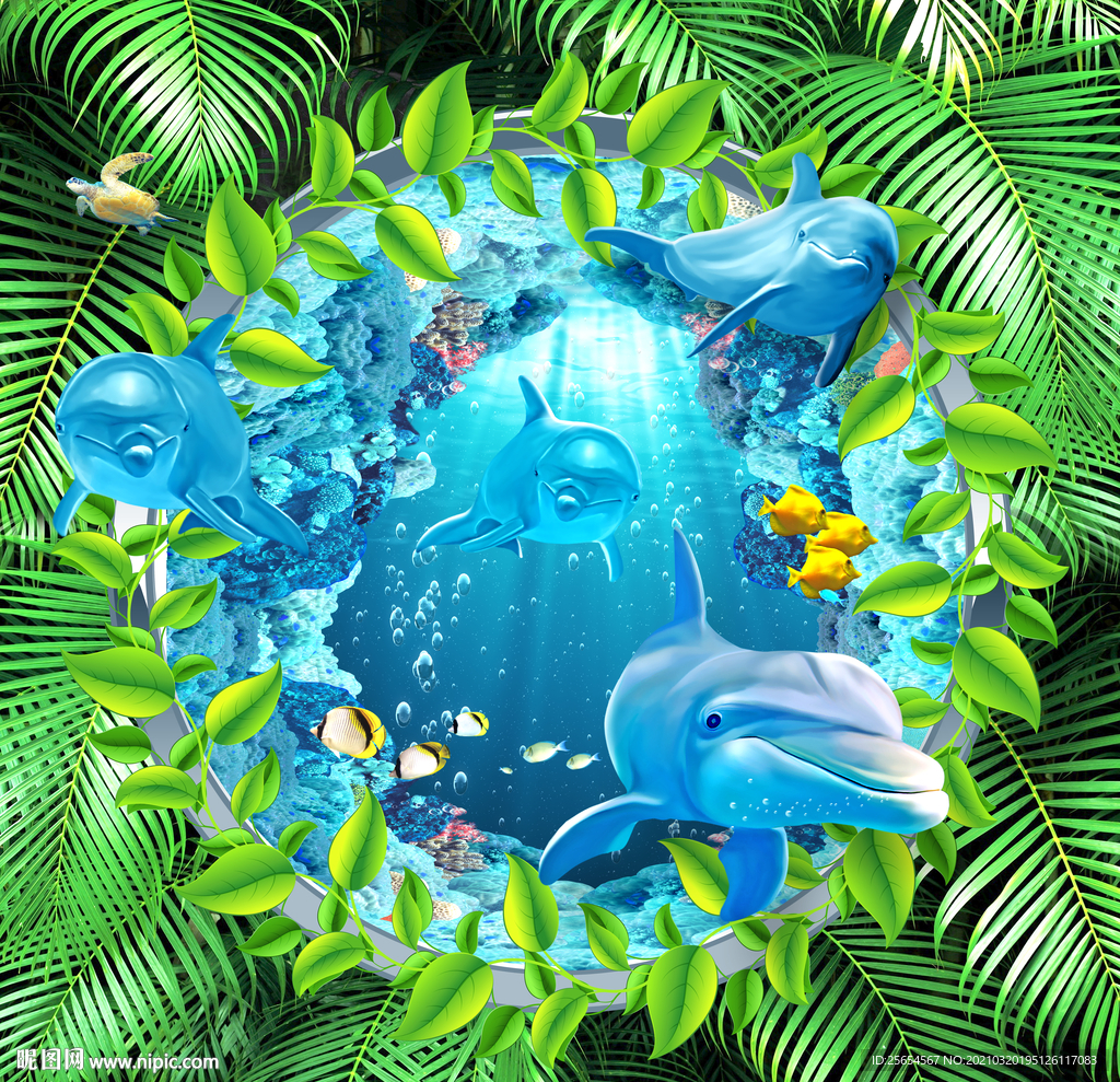 树叶3d海洋世界吊顶地画