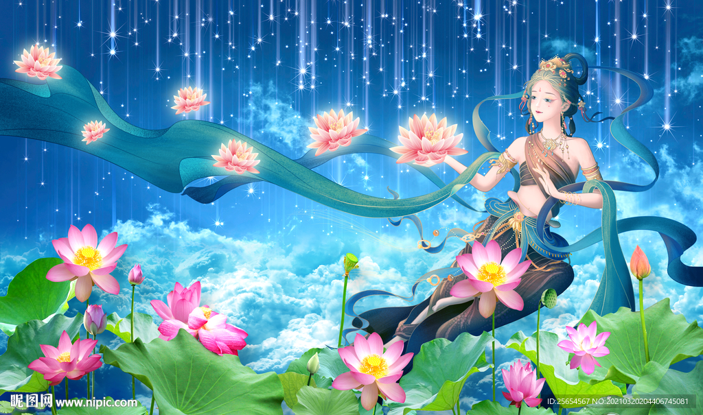 荷花美女电视背景墙