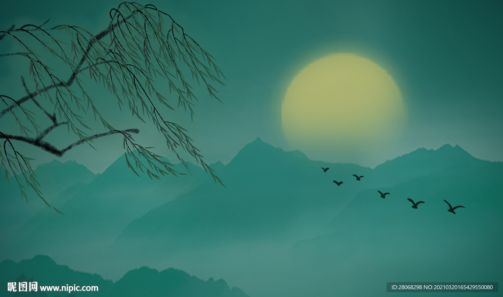 卡通插画国潮日出背景