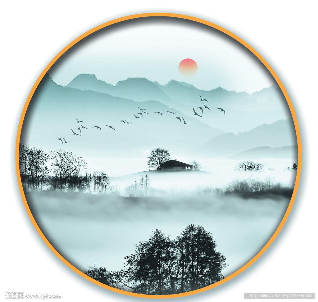 山水风景 圆形画