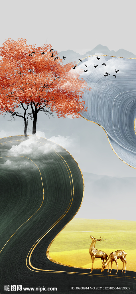 山水发财树玄关晶瓷画