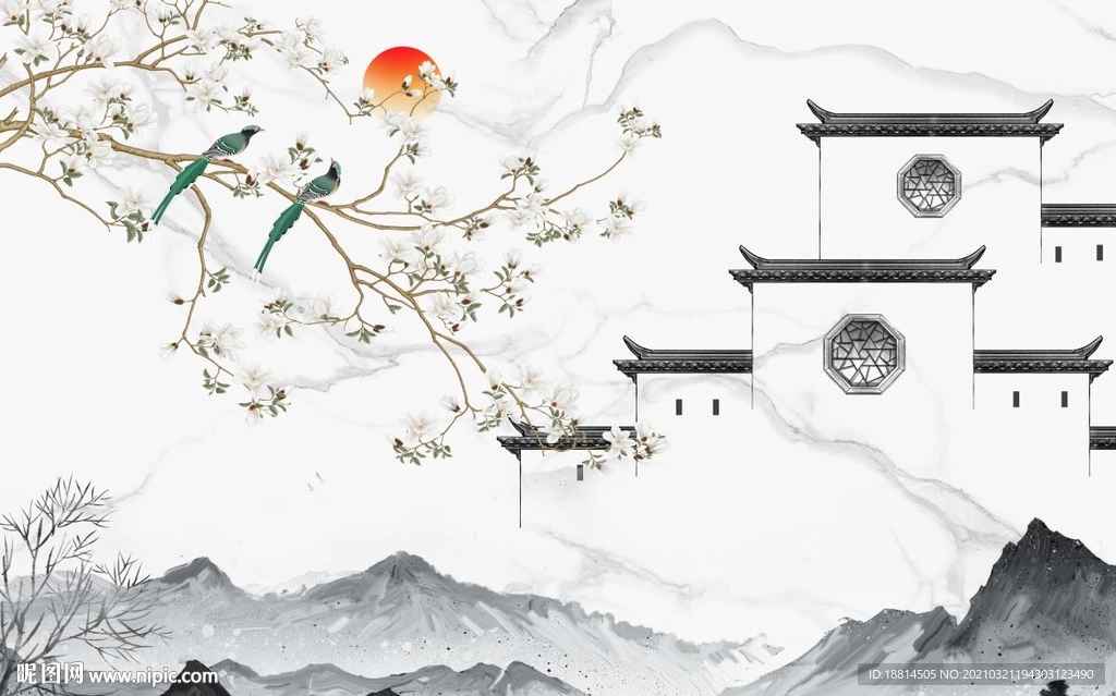 旭日东升江南风光山水电视背景墙