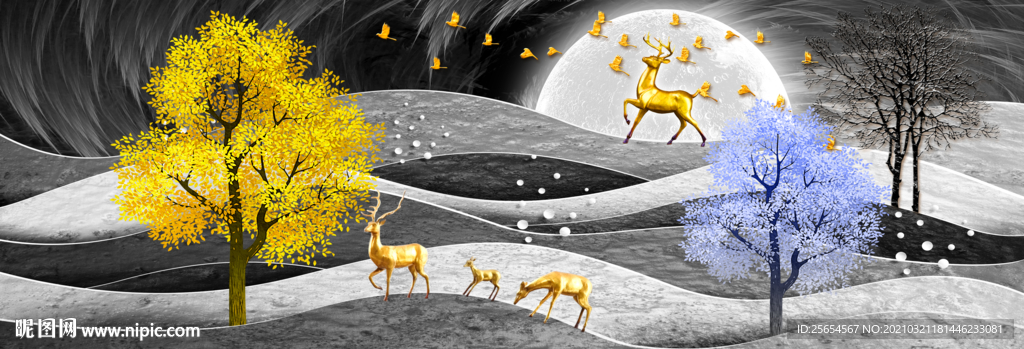 山水中式发财树装饰画