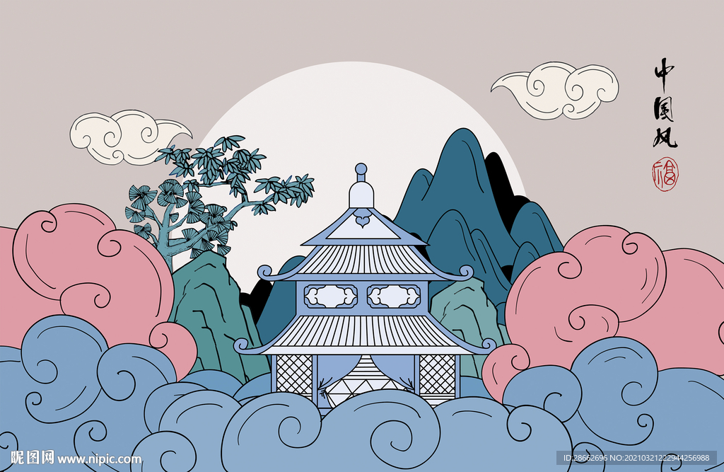 中国风亭子山水画