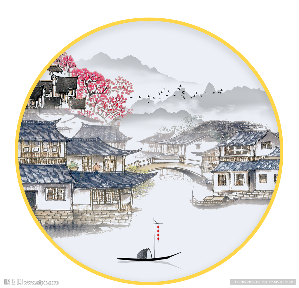 圆形装饰画 江南风景