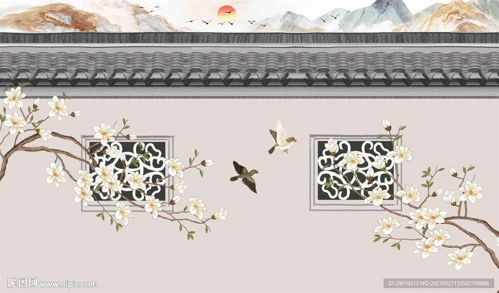 新中式宫墙玉兰花鸟背景墙图片