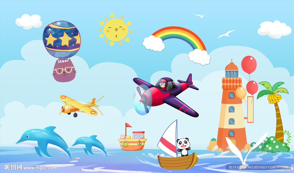 儿童房海边沙滩冲浪背景墙