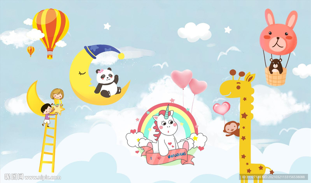 天空月亮动物云朵背景图片