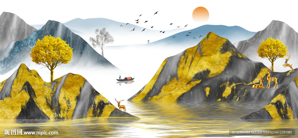 金山麋鹿发财树三联画