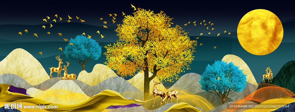 麋鹿发财树三联画装饰画