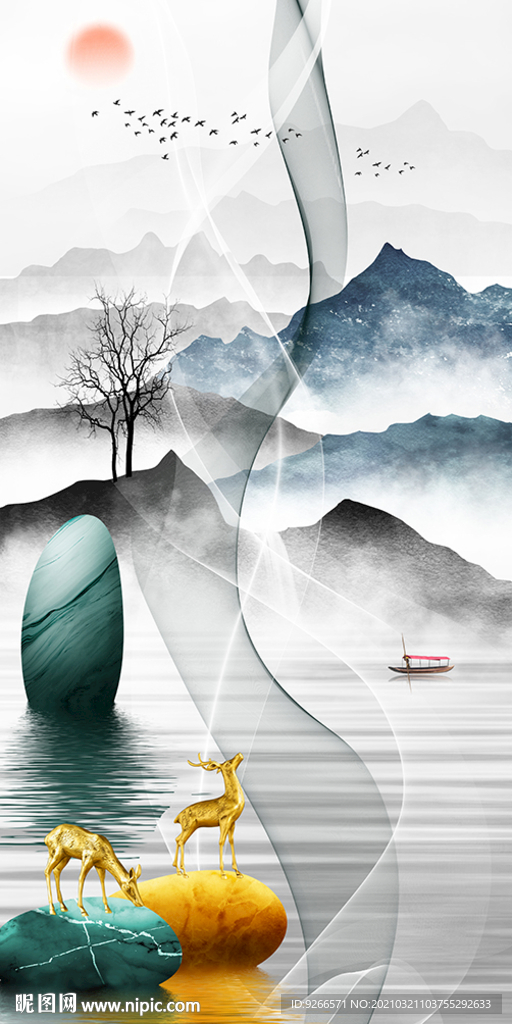 石来运转麋鹿抽象玄关画晶瓷画
