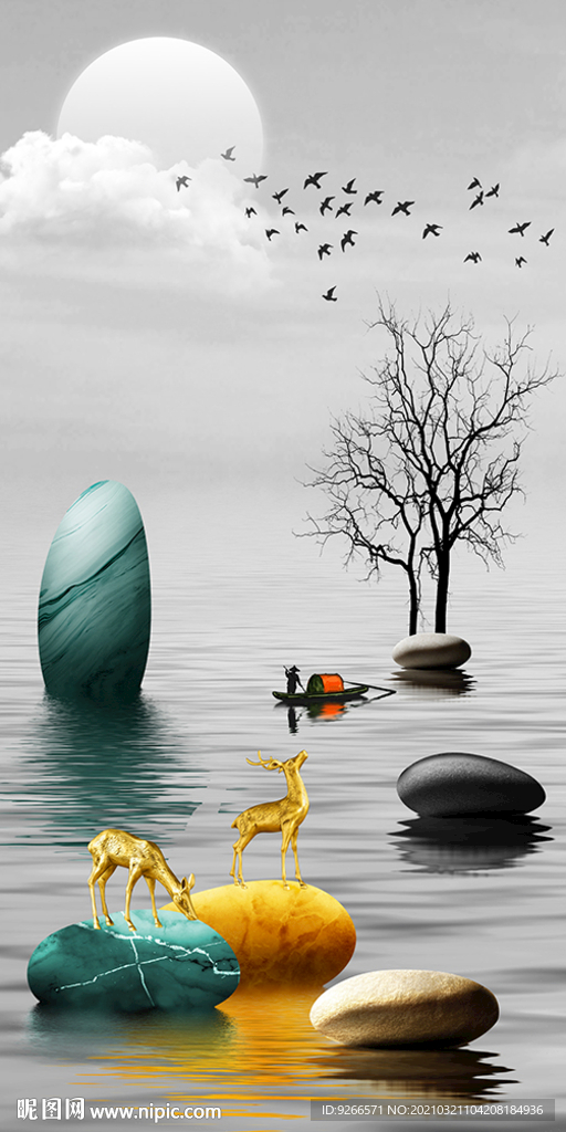 石来运转麋鹿抽象玄关画晶瓷画