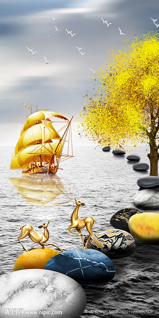 石来运转麋鹿抽象玄关画晶瓷画