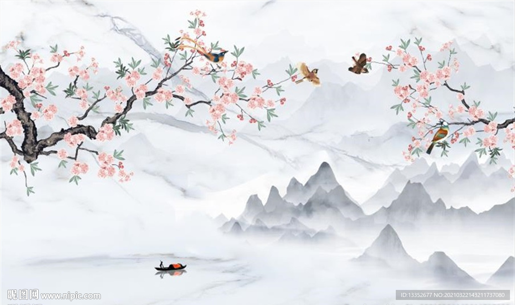 桃花朵朵开 山水花鸟背景墙