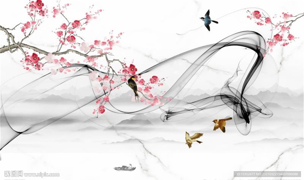 桃花花鸟水墨石纹