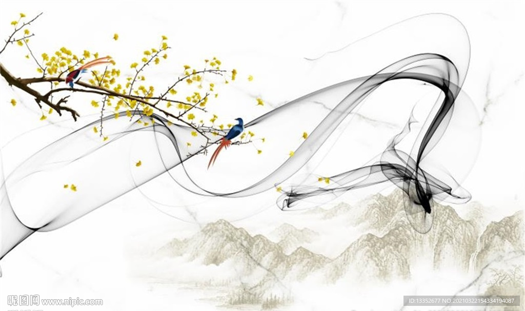 银杏花鸟抽象线条山水