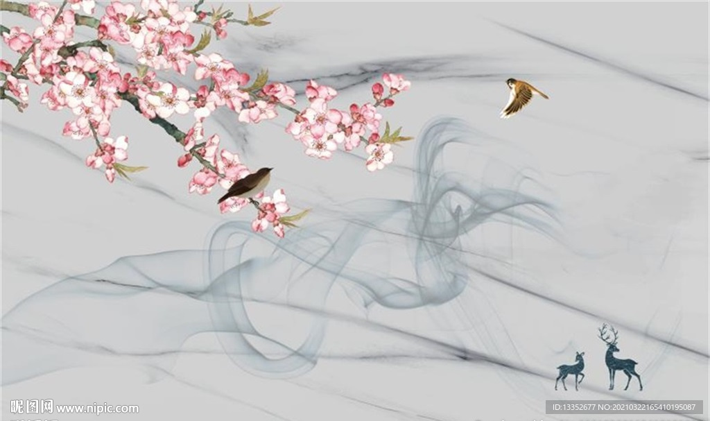 桃花花鸟抽象线条石纹