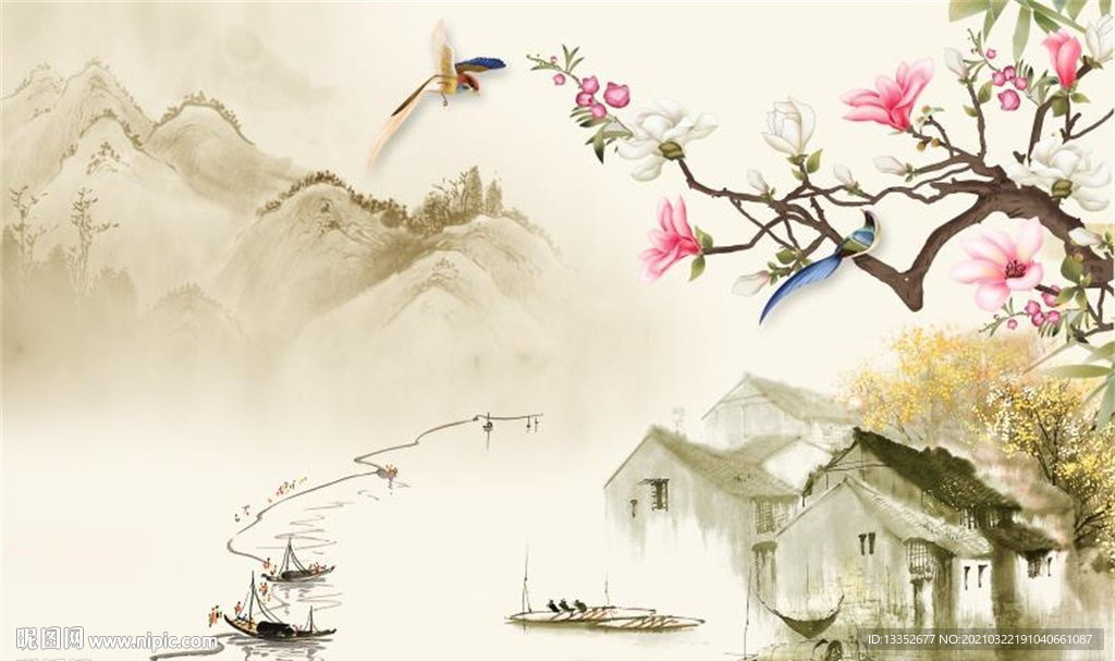 玉兰花鸟江南水乡