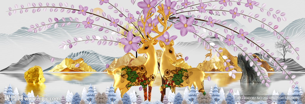 发财树麋鹿浮雕装饰画