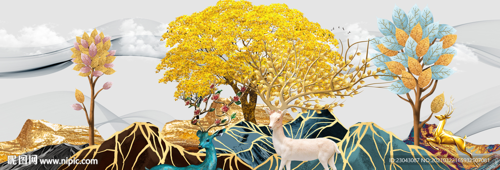 发财树麋鹿山水装饰画